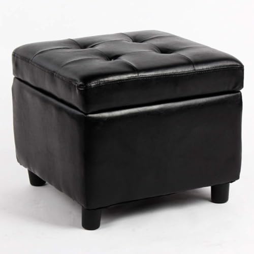 CATANK Leder Gepolsterter Würfel-Pouf Ottoman,Pouf Fußhocker Massivholz Quadratisch Leder Wohnzimmer Couchtisch Kleine Bank-Schwarz 45x45x38cm(18x18x15inch) von CATANK