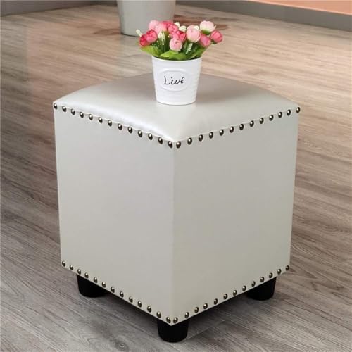 CATANK Leder Gepolsterter Würfel-Pouf Ottoman,Pouf Fußhocker Massivholz Quadratisch Leder Wohnzimmer Couchtisch Kleine Bank-Weiß 30x30x40cm(12x12x16inch) von CATANK