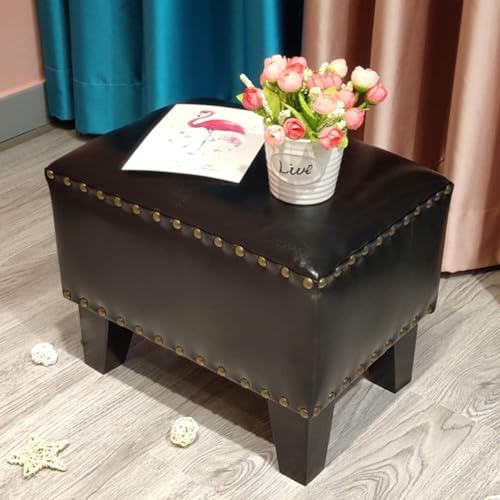 CATANK Leder Gepolsterter Würfel-Pouf-Ottomane, Pouf-Fußhocker Massivholz Quadratischer Leder-Wohnzimmer-Couchtisch Kleine Bank-Schwarz 36x26x30cm (14x10x12inch) von CATANK
