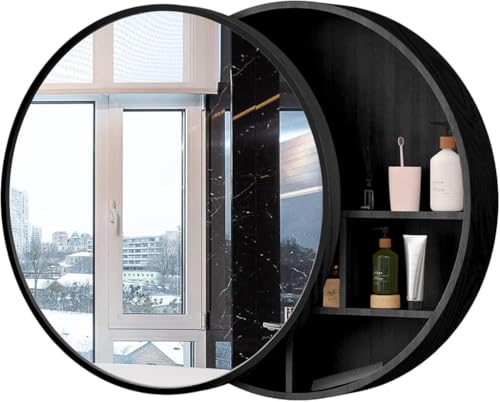 CATANK Medizinschrank mit Spiegel – Badezimmer-Wandschrank mit Stauraum, an der Wand montierter Kosmetikspiegelschrank mit versteckten Regalen, runde Badezimmerschränke aus Holz mit Spieg von CATANK