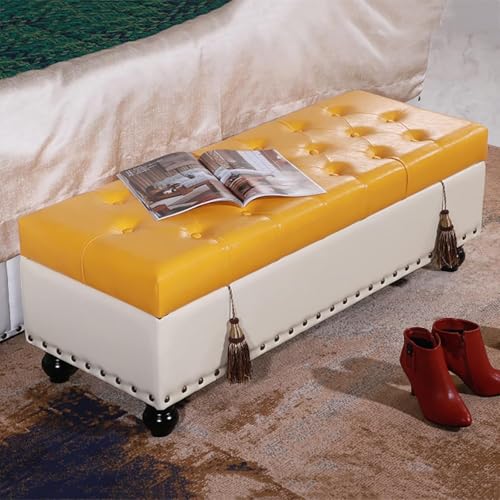 CATANK Moderne knöpfbare Ottoman-Bank mit Stauraum, Fußhocker aus Kunstleder mit Stauraum, rechteckige Sitzbank mit anhebbarer Oberseite, Couchtisch für Wohnzimmer und Schlafzimmer, Gelb von CATANK