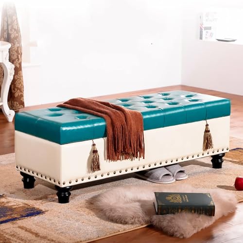 CATANK Rechteckige, Moderne Ottoman-Bank mit Knopfleiste und Stauraum, Fußhocker aus Kunstleder mit Stauraum, Blau 100x40x42cm (39x16x17inch) von CATANK