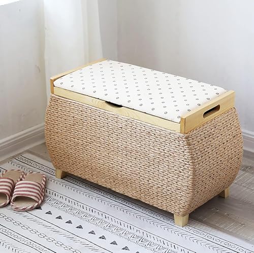 CATANK Sitzhocker mit Stauraum aus Seegras, Sitzbank mit Sitzhocker aus geflochtenem Korbgeflecht, rustikale Aufbewahrungsbox, multifunktionale Aufbewahrungsmöbel, Khaki-b 60x30x40cm (24x von CATANK