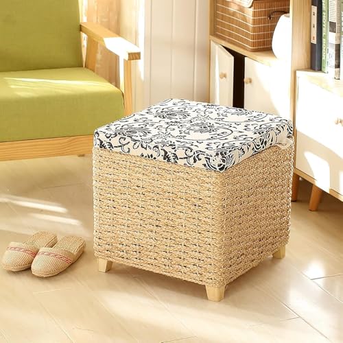 Handgewebte Korbtruhe, Ottomane mit Stauraum aus natürlichem Rattan, Ottomane im Landhausstil mit Aufbewahrungs-Organizer für Wohnzimmer, Schlafzimmer, Bank, Natur c 40x40x42cm (16 von CATANK