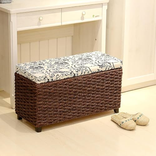 Handgewebte Korbtruhe, Ottomane mit Stauraum aus natürlichem Rattan, Ottomane im Landhausstil mit Aufbewahrungs-Organizer für Wohnzimmer, Schlafzimmer, Bank, Walnuss, f 70 x 30 x 4 von CATANK