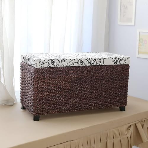 Handgewebte Korbtruhe, Ottomane mit Stauraum aus natürlichem Rattan, Ottomane im Landhausstil mit Stauraum-Organizer für Wohnzimmer, Schlafzimmer, Bank, Walnuss, g 60 x 30 x 40 cm von CATANK