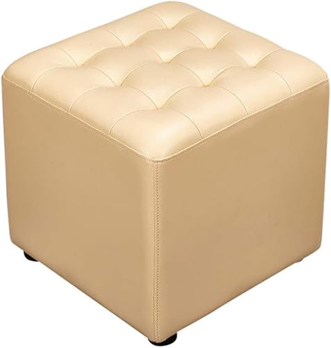 Ledergepolsterter Würfel-Pouf-Ottomane, Pouf-Fußhocker, quadratisches Massivholz, Leder, Wohnzimmer-Couchtisch, kleine Bank, Beige, 40 x 40 x 35 cm (16 x 16 x 14 Zoll) von CATANK