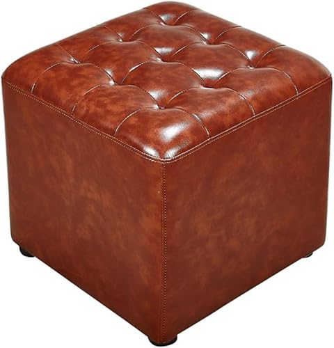 Ledergepolsterter Würfel-Pouf-Ottomane, Pouf-Fußhocker, quadratisches Massivholz, Leder, Wohnzimmer-Couchtisch, kleine Bank, Braun, 40 x 40 x 35 cm (16 x 16 x 14 Zoll) von CATANK