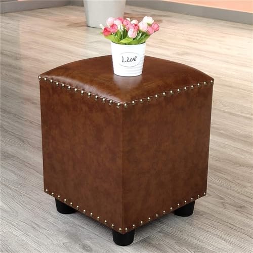 Ledergepolsterter Würfel-Pouf-Ottomane, Pouf-Fußhocker, quadratisches Massivholz, Leder, Wohnzimmer-Couchtisch, kleine Bank, Kaffeefarbe, 30 x 30 x 40 cm (12 x 12 x 16 Zoll) von CATANK
