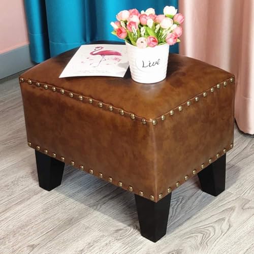 Ledergepolsterter Würfel-Pouf-Ottomane, Pouf-Fußhocker, quadratisches Massivholz, Leder, Wohnzimmer-Couchtisch, kleine Bank, Kaffeefarbe, 36 x 26 x 30 cm (14 x 10 x 12 Zoll) von CATANK