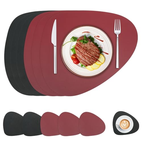 CATCHLUCK Tischsets Abwaschbar rutschfest Hitzebeständig Doppelseitig Zweifarbig in Tropfenform, 6er Set mit Untersetzern Wasserdicht Ölabweisend 44.5x36cm (Rot+Schwarz) von CATCHLUCK