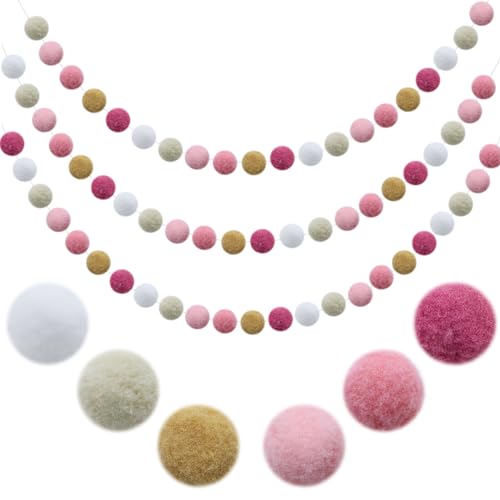 3 Stück Bunte Filzkugeln Girlanden mit 90 Pcs Filzkugeln Bunt Kinderzimmer Deko Wool Felt Ball Garland GesamtläNge 19,6 Fuß Pompom Girlanden Filzkette zur Dekoration von Kinderzimmern Partys Festival von CATELL