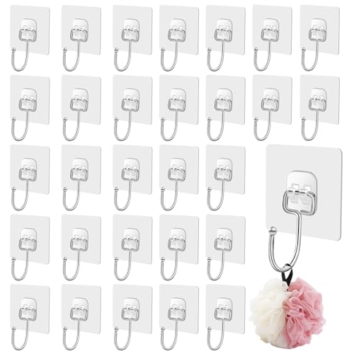 CATELL 30 Pack Klebehaken Transparent Ohne Bohren Transparent Ohne Bohre Wandhaken Selbstklebend Klebehaken Extra Stark Transparente Haken Wasserdicht Ölfest für Küche Bad von CATELL
