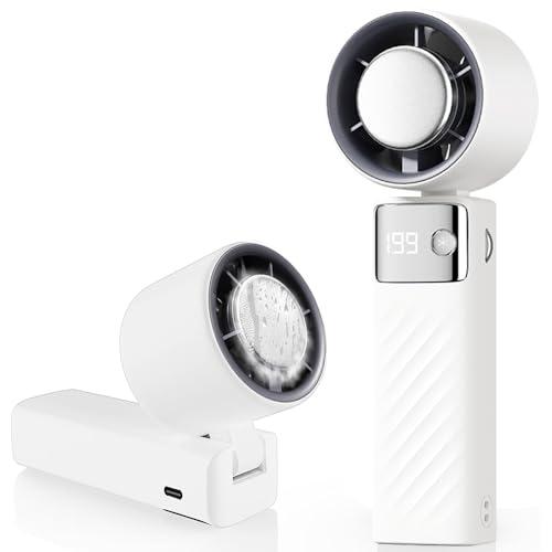CATGIFF Handventilator, Leistungsstarker Tragbarer Ventilator Akku Aufladbarer 5000mAh, Mini Ventilator mit LED Digital Anzeige, Tischventilator klein Leise Turbo für Reisen Camping Outdoor Weiß von CATGIFF