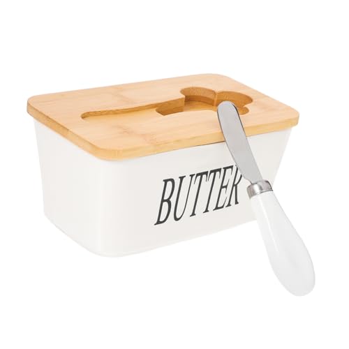 CATIEBYE Butterdose Mit Holzdeckel Und Cutter Kleine Käseaufbewahrungsbox Aus Keramik Für Kühlschrank Butterbehälter Mit Deckel Für Hause Und Unterwegs von CATIEBYE