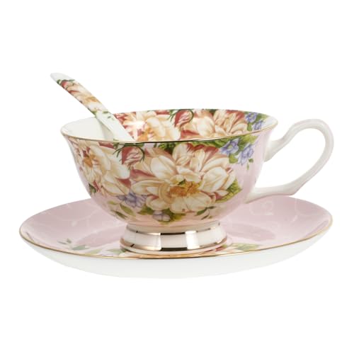 CATIEBYE European Style Porcelain Cup Set mit Untertasse und Löffel Camellia Muster Bone China Kaffeetasse Stabiles Kaffeeservice für Familie und Geschenk Set von CATIEBYE