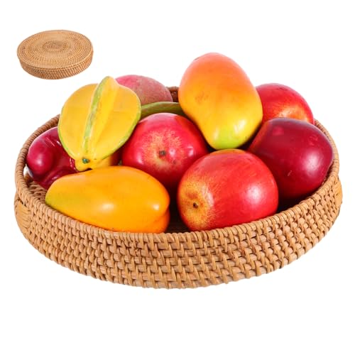 CATIEBYE Rundes Rattan Serviertablett mit Hohlgriffen Handgewebtes Natürliches Korbtablett für Esszimmer Küche und Outdoor als Dekorativer und Praktischer Aufbewahrungskorb von CATIEBYE