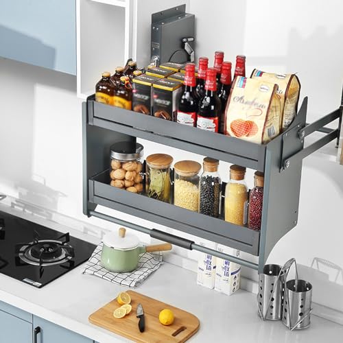 CAULO Oberer Küchen-Wandschrank-Aufbewahrungsorganisator mit 2 Ebenen, verstellbares Gewürz- und Geschirr-Auszugsschrank-Aufbewahrungsregal, 4-Gang- und 3-Gang-Puffer (W60cm) von CAULO