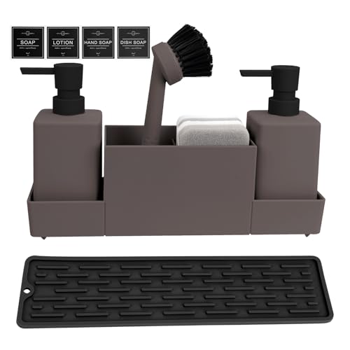 CAUTIOUS 350ML Spülbecken Organizer mit Bürste, Seifenspender Spülschwamm, Küche Spülmittelspender Set aus Kunststoff, Spülorganizer mit Zwei Seifenspender, Küchengadget Organizer (braun) von CAUTIOUS