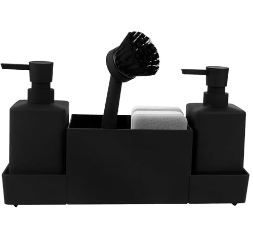 CAUTIOUS 350ML Spülbecken Organizer mit Bürste, Seifenspender Spülschwamm, Küche Spülmittelspender Set aus Kunststoff, Spülorganizer mit Zwei Seifenspender, Küchengadget Organizer (schwarz) von CAUTIOUS