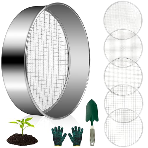 CAUTIOUS Gartensieb Witterungsbeständig Sieb Kompostsieb aus Edelstahl Rund 30cm mit 5 Austauschbaren Siebeinsätzen Edelstahlsieb(3-6-9-10,8-12MM) mit Spaten und Handschuhe von CAUTIOUS