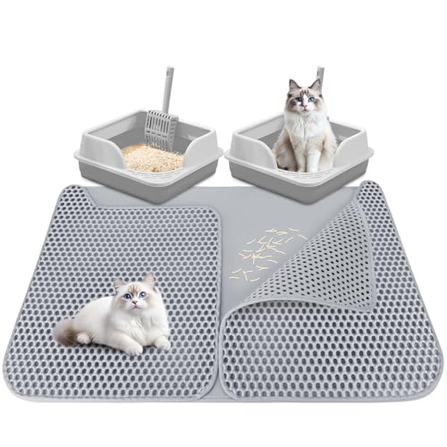CAUTIOUS Katzenklo Matte 90X60cm, Katzenstreu Matte Doppelte Schichte, Katzenstreu Matte Waben und Doppeltür Design, wasserdichte rutschfeste Katzenklo Unterleger EVA Material(grau) von CAUTIOUS