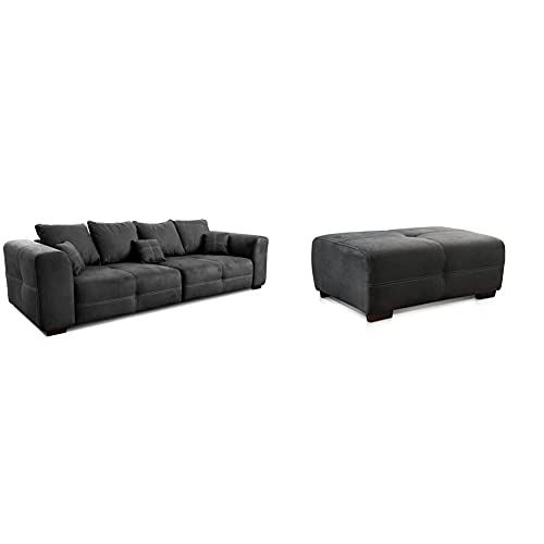 CAVADORE Big Sofa Mavericco/XXL Couch im modernen Design / 287 x 69 x 108 cm/Mikrofaser Schwarz & Hocker Mavericco/XXL Polsterhocker im modernen Design / 108 x 71 x 41 cm/Mikrofaser Schwarz von CAVADORE