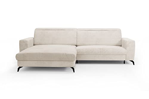 CAVADORE Ecksofa Bounce mit Cord-Bezug / Eckcouch mit Schlaffunktion, Bettkasten + Kopfteilverstellung / 290 x 88-108 x 178 / Breitcord, Creme-Beige von CAVADORE