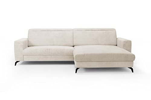 CAVADORE Ecksofa Bounce mit Cord-Bezug / L-Form-Sofa mit Longchair + mattschwarzen Metallfüßen / 290 x 88 x 178 / Breitcord, Creme-Beige von CAVADORE