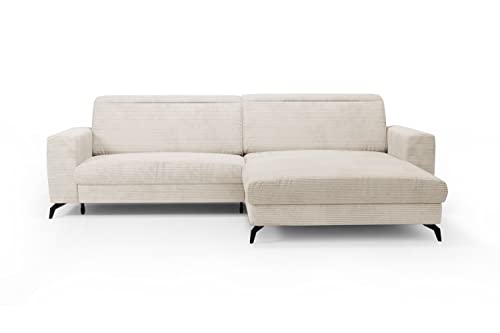 CAVADORE Ecksofa Bounce mit Cord-Bezug / L-Form-Sofa mit Schlaffunktion, Bettkasten + Kopfteilverstellung / 290 x 88-108 x 178 / Breitcord, Creme-Beige von CAVADORE