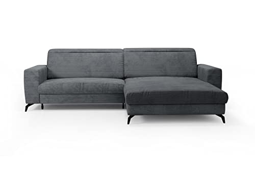 CAVADORE Ecksofa Bounce mit Cord-Bezug / L-Form-Sofa mit Schlaffunktion, Bettkasten + Kopfteilverstellung / 290 x 88-108 x 178 / Breitcord, Grau von CAVADORE