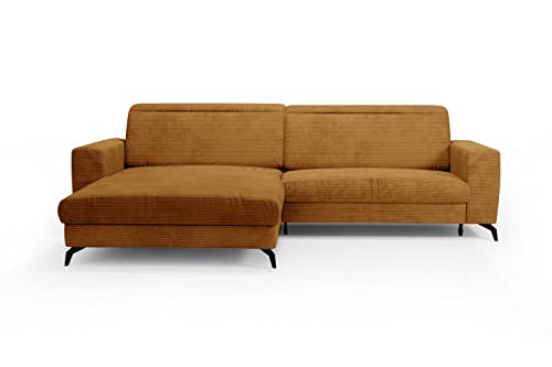 CAVADORE Ecksofa Bounce mit Cord-Bezug / Eckcouch mit Schlaffunktion, Bettkasten + Kopfteilverstellung / 290 x 88-108 x 178 / Breitcord, Gold-Gelb von CAVADORE