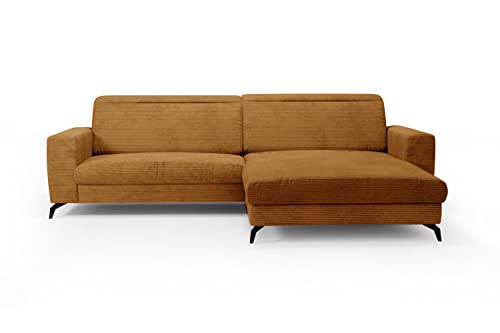 CAVADORE Ecksofa Bounce mit Cord-Bezug / L-Form-Sofa mit Longchair + mattschwarzen Metallfüßen / 290 x 88 x 178 / Breitcord, Gold-Gelb von CAVADORE