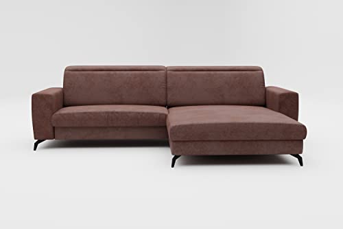 CAVADORE Ecksofa Bounce in Vintage-Leder-Optik / L-Form-Sofa mit Longchair + mattschwarzen Metallfüßen / 290 x 88 x 178 / Mikrofaser, Dunkelbraun von CAVADORE