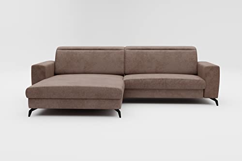 CAVADORE Ecksofa Bounce in Vintage-Leder-Optik / Eckcouch mit Longchair + mattschwarzen Metallfüßen / 290 x 88 x 178 / Mikrofaser, Graubraun von CAVADORE