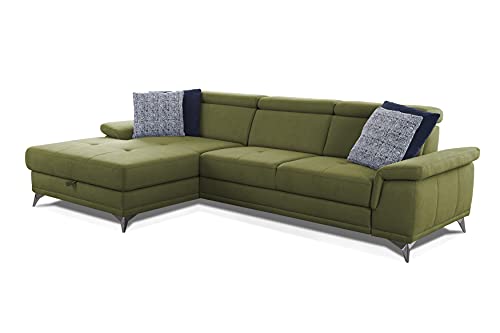 CAVADORE Ecksofa Cardy inkl. Federkern / L-Sofa mit Schlaffunktion, Bettkasten, verstellbaren Armlehnen + Kopfteilen / XL-Recamiere / 289 x 83 x 173 cm / Fleckschutz-Bezug Grün von CAVADORE