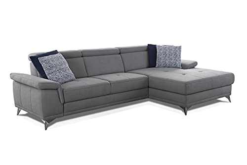 CAVADORE Ecksofa Cardy inkl. Federkern / Sofa in L-Form mit verstellbaren Kopfteilen, XL-Recamiere + Fleckschutz-Bezug / 289 x 83 x 173 cm / Grau von CAVADORE