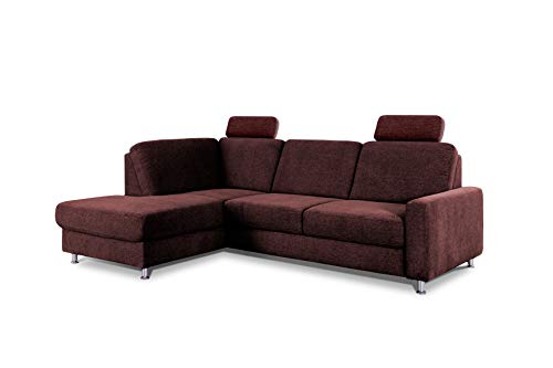 CAVADORE Ecksofa Clint / L-Form Sofa mit Federkern und Ottomane links / Inkl. Schlaffunktion & 2 Kopfstützen / Soft Clean: Leichte Fleckenentfernung / 246 x 86 x 165 / Flachgewebe: Weinrot von CAVADORE