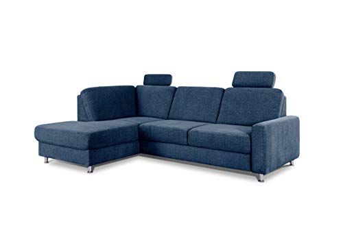 CAVADORE Ecksofa Clint / L-Form Sofa mit Federkern und Ottomane links / Inkl. Kopfstützen / Soft Clean: Leichte Fleckenentfernung / 246 x 86 x 165 / Flachgewebe: Blau von CAVADORE