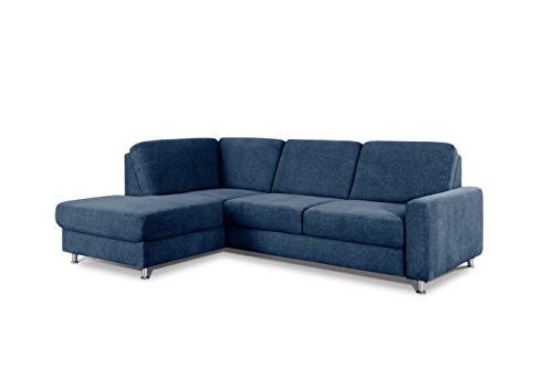 CAVADORE Ecksofa Clint / L-Form Sofa mit Federkern und Ottomane links / Soft Clean: Leichte Fleckenentfernung / 246 x 86 x 165 / Flachgewebe: Blau von CAVADORE