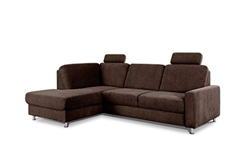 CAVADORE Ecksofa Clint / L-Form Sofa mit Federkern und Ottomane links / Inkl. Kopfstützen / Soft Clean: Leichte Fleckenentfernung / 246 x 86 x 165 / Flachgewebe: Braun von CAVADORE