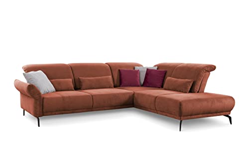 CAVADORE Ecksofa Cooper / Luftige Eckcouch mit Ottomane rechts, schwarzen Metallfüßen und feinem Cord-Bezug / 294 x 88 x 242 / Cord, Kupfer von CAVADORE