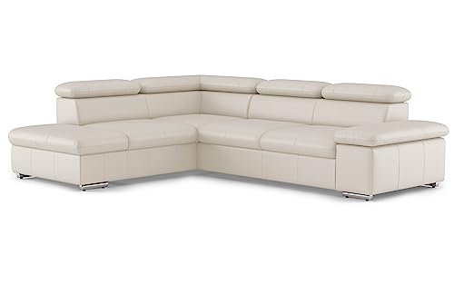 CAVADORE Echtleder-Eckcouch Valerie mit Ottomane / Ecksofa mit Kopfteilverstellung + Metallfüßen / 272 x 73 x 226 / Leder Weiß von CAVADORE