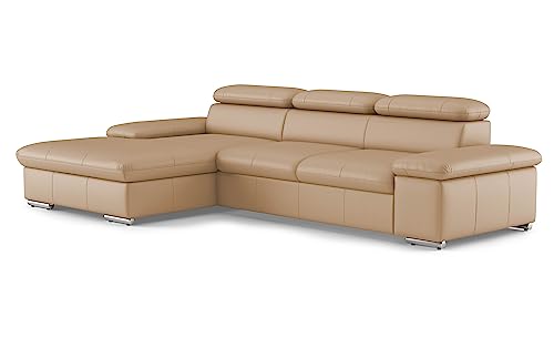 CAVADORE Echtleder-Eckcouch Valerie mit XL-Longchair / Ecksofa mit Kopfteilverstellung, großem Longchair + Metallfüßen / 286 x 73 x 174 / Leder Beige von CAVADORE