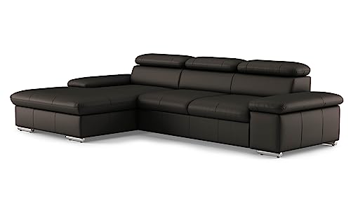 CAVADORE Echtleder-Eckcouch Valerie mit XL-Longchair / Ecksofa mit Kopfteilverstellung, großem Longchair + Metallfüßen / 286 x 73 x 174 / Leder Dunkelbraun von CAVADORE