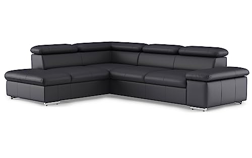 CAVADORE Echtleder-Schlafcouch Valerie mit Ottomane / Ecksofa mit Bettfunktion + Kopfteilverstellung / 272 x 73 x 226 / Leder Schwarz von CAVADORE