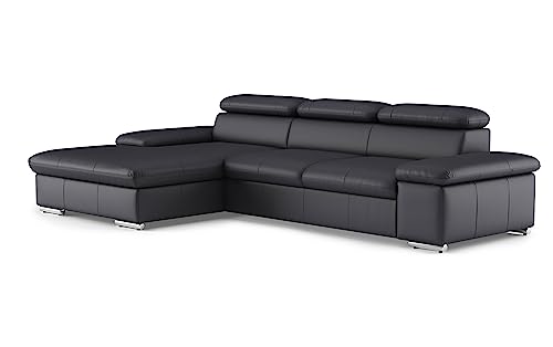 CAVADORE Echtleder-Schlafcouch Valerie mit XL-Longchair / Ecksofa mit Bettfunktion, Kopfteilverstellung + großem Longchair / 286 x 73 x 174 / Leder Schwarz von CAVADORE