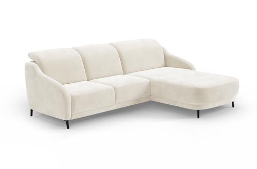 CAVADORE Ecksofa Blue/Moderne Eckcouch mit Longchair, inklusiv Kopfteilverstellung und mattschwarzen Metallfüßen / 271 x 93 x 191 / Mikrofaser, Naturweiß von CAVADORE