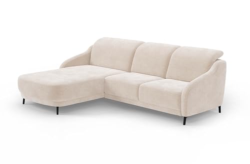 CAVADORE Ecksofa Blue/Moderne Eckcouch mit Longchair, Inkl. Kopfteilverstellung, Vorziehsitz motorisch, Klapptisch, USB-Anschluss und mattschwarzen Metallfüßen / 271 x 93 x 191 / Mikrofaser, Beige von CAVADORE