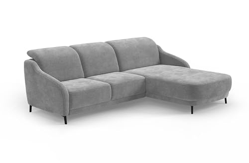 CAVADORE Ecksofa Blue/Moderne Eckcouch mit Longchair, inklusiv Kopfteilverstellung, Vorziehsitz motorisch, Klapptisch und mattschwarzen Metallfüßen / 271 x 93 x 191 / Mikrofaser, Mittelgrau von CAVADORE